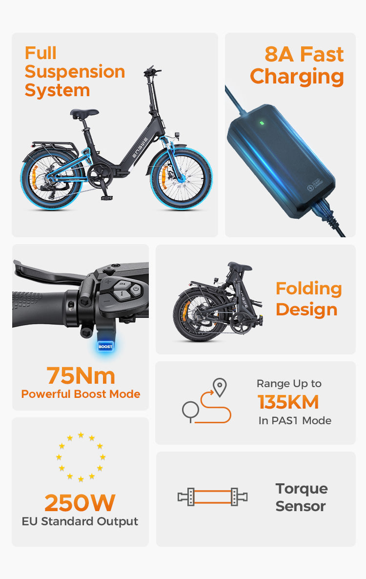 ENGWE L20 3.0 BOOST Folding Electric Bike – Full Suspension City E-Bike (EU Version)